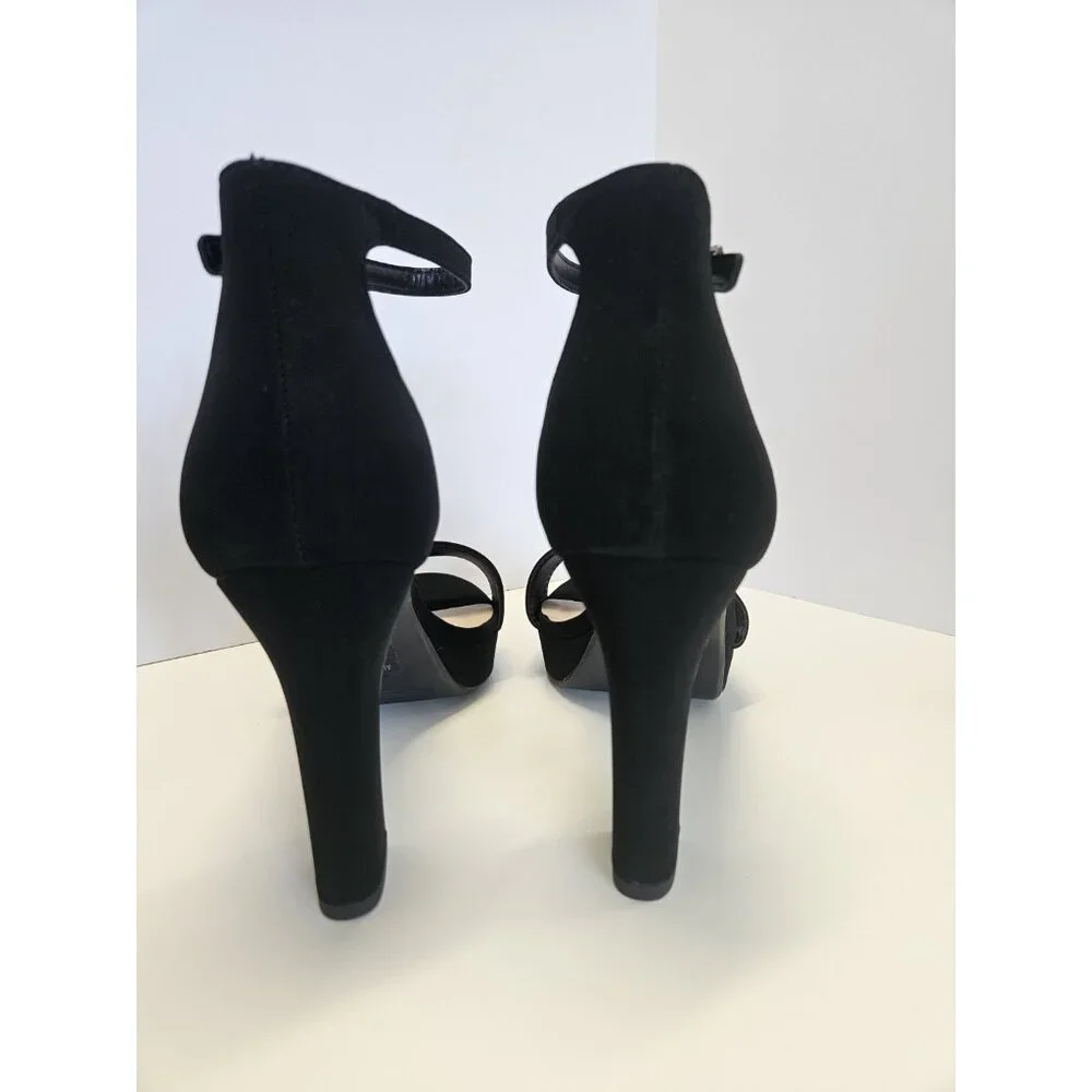 Stylish High Block Heel Women's Size 8 Open Toe Platform Ankle Strap Black Suede